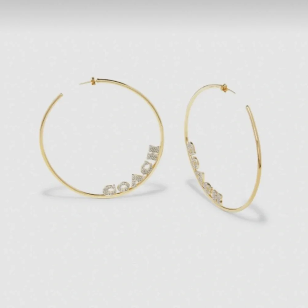 Coach Hoop Earrings Pave Signature Logo Large Rhinestones Sparkle 2 Tone Hoops - Picture 4 of 8